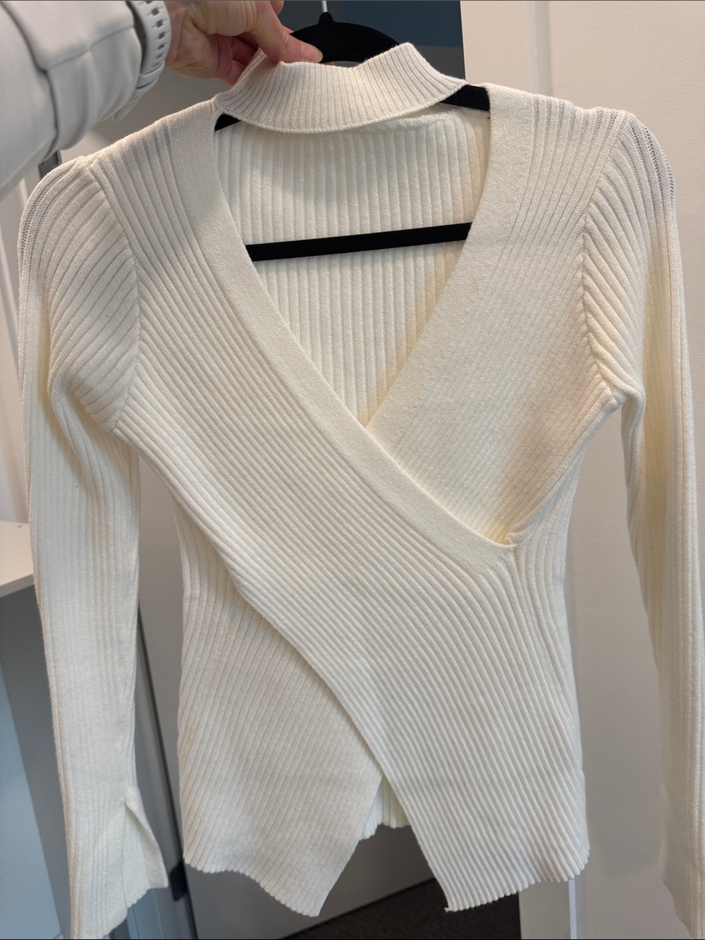 Cream Ribbed Wrap V-Neck Sweater - Commense